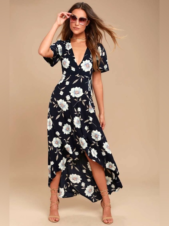 Lulus Dresses & Skirts - Lulus Lake Como Navy Blue Floral Print High-Low Wrap Dress size S